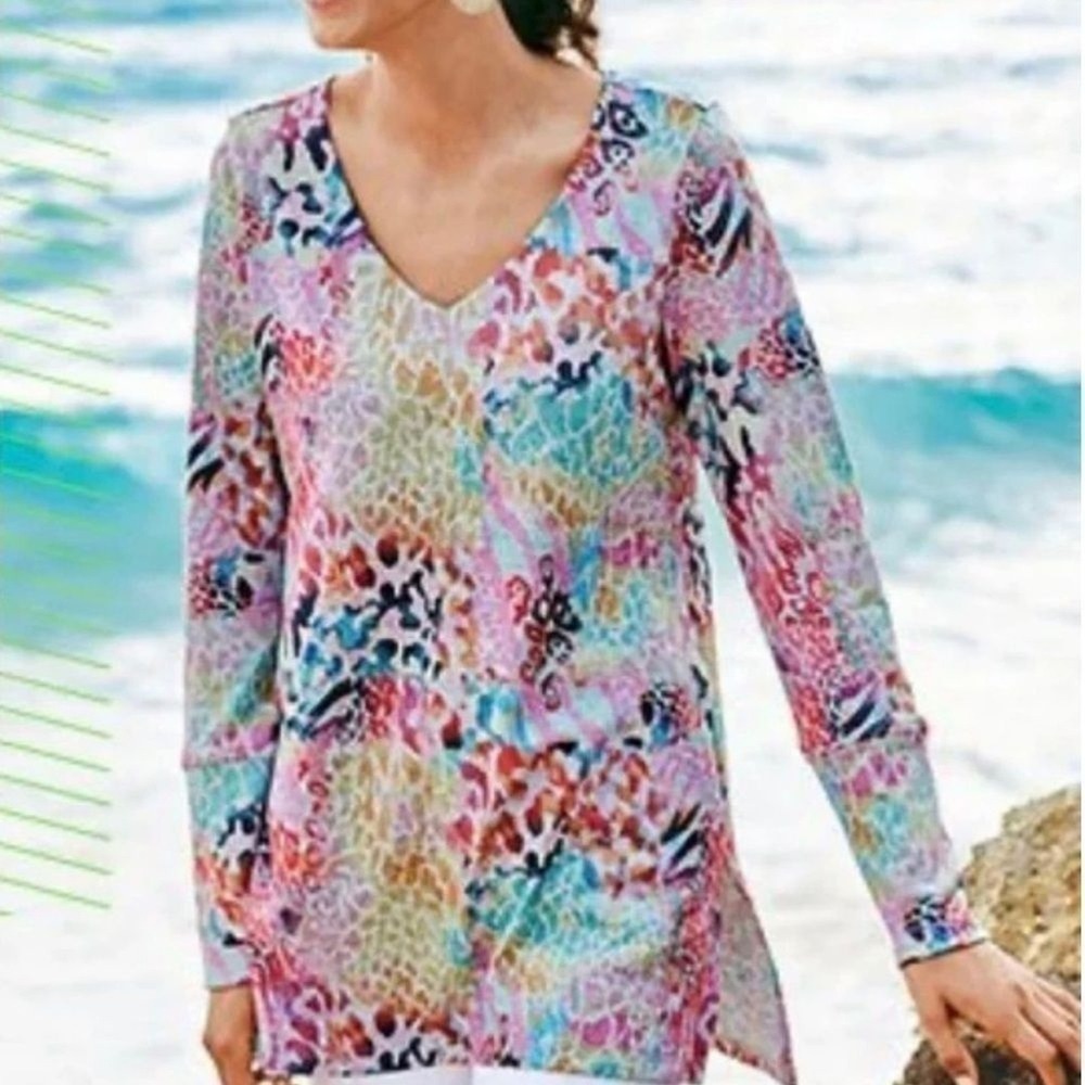 Soft Surroundings Women Small Tunic Wild Things Top Knit Gray Rainbow Casual‎